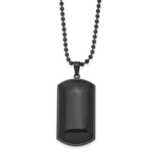 Stainless Steel Chisel Brushed Black Ip-Plated With Agate Dog Tag On A 30 Inch Ball Chain Necklace