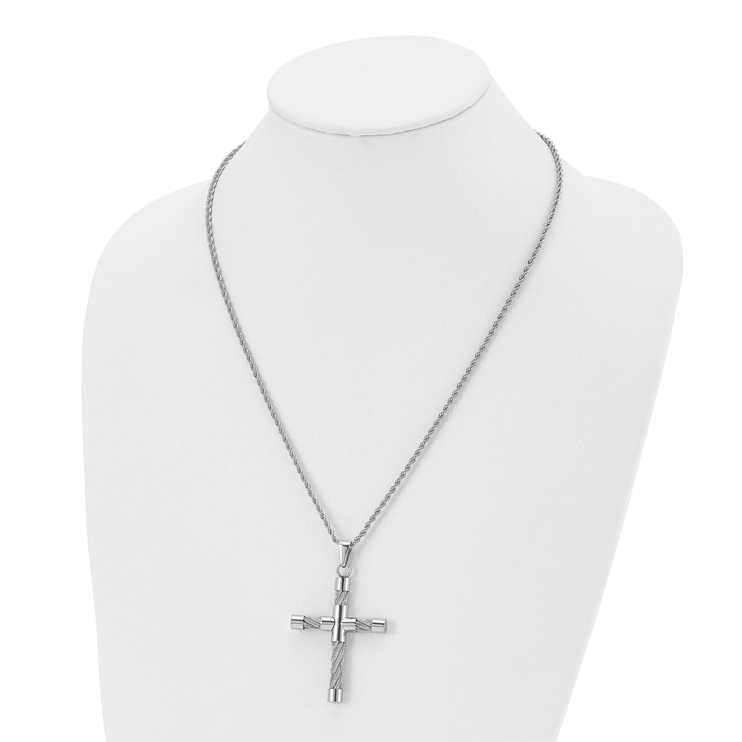 Stainless Steel Chisel Polished And Textured With Cable Cross Pendant On A 22 Inch Rope Chain Necklace