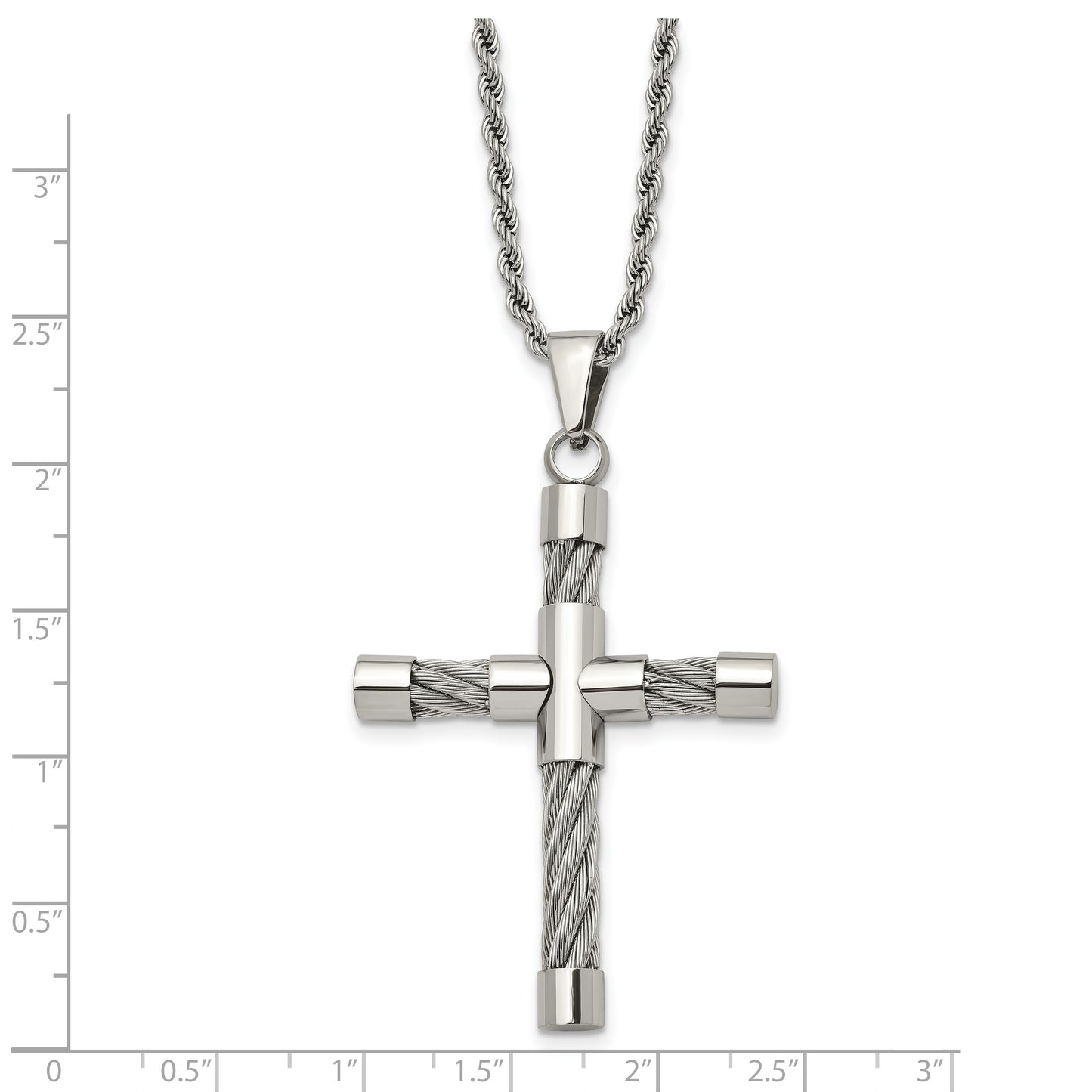 Stainless Steel Chisel Polished And Textured With Cable Cross Pendant On A 22 Inch Rope Chain Necklace