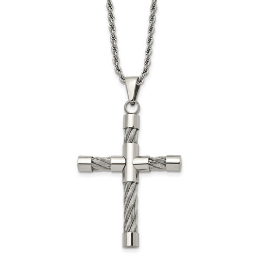 Stainless Steel Chisel Polished And Textured With Cable Cross Pendant On A 22 Inch Rope Chain Necklace