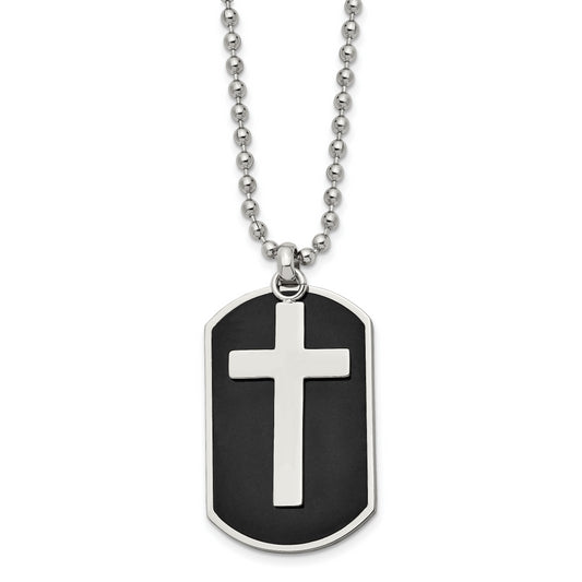 Stainless Steel Chisel Polished Black Ip-Plated 2 Piece Cross Dog Tag On A 24 Inch Ball Chain Necklace