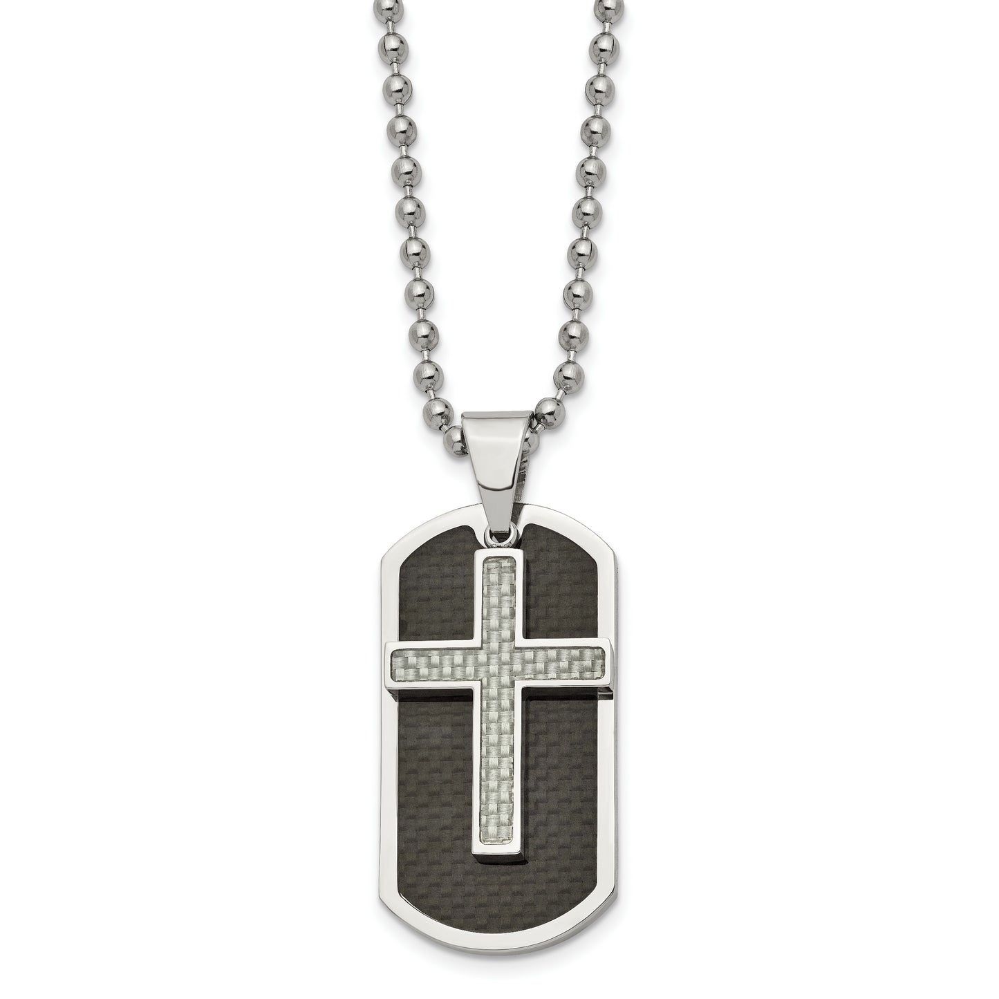 Stainless Steel Chisel Polished Black And Grey Carbon Fiber Inlay 2 Piece Cross Dog Tag On A 24 Inch Ball Chain Necklace