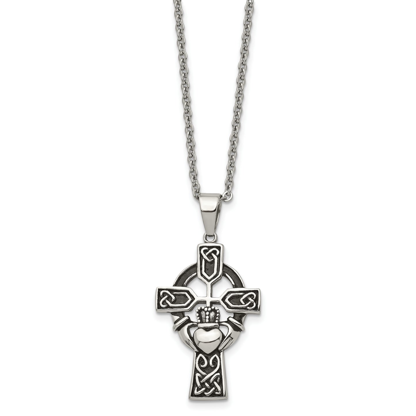 Stainless Steel Chisel Antiqued And Polished Claddagh Cross Pendant On A 20 Inch Cable Chain Necklace