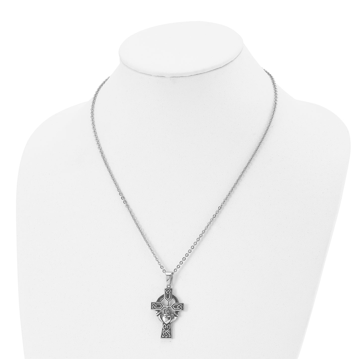 Stainless Steel Chisel Antiqued And Polished Claddagh Cross Pendant On A 20 Inch Cable Chain Necklace