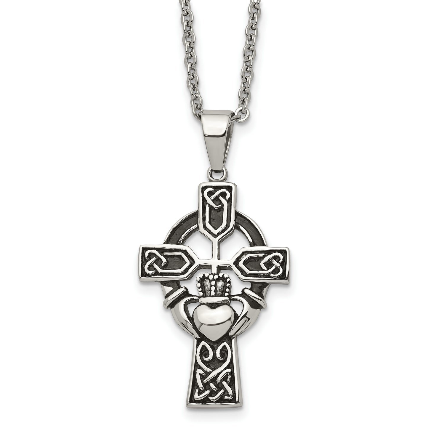 Stainless Steel Chisel Antiqued And Polished Claddagh Cross Pendant On A 20 Inch Cable Chain Necklace