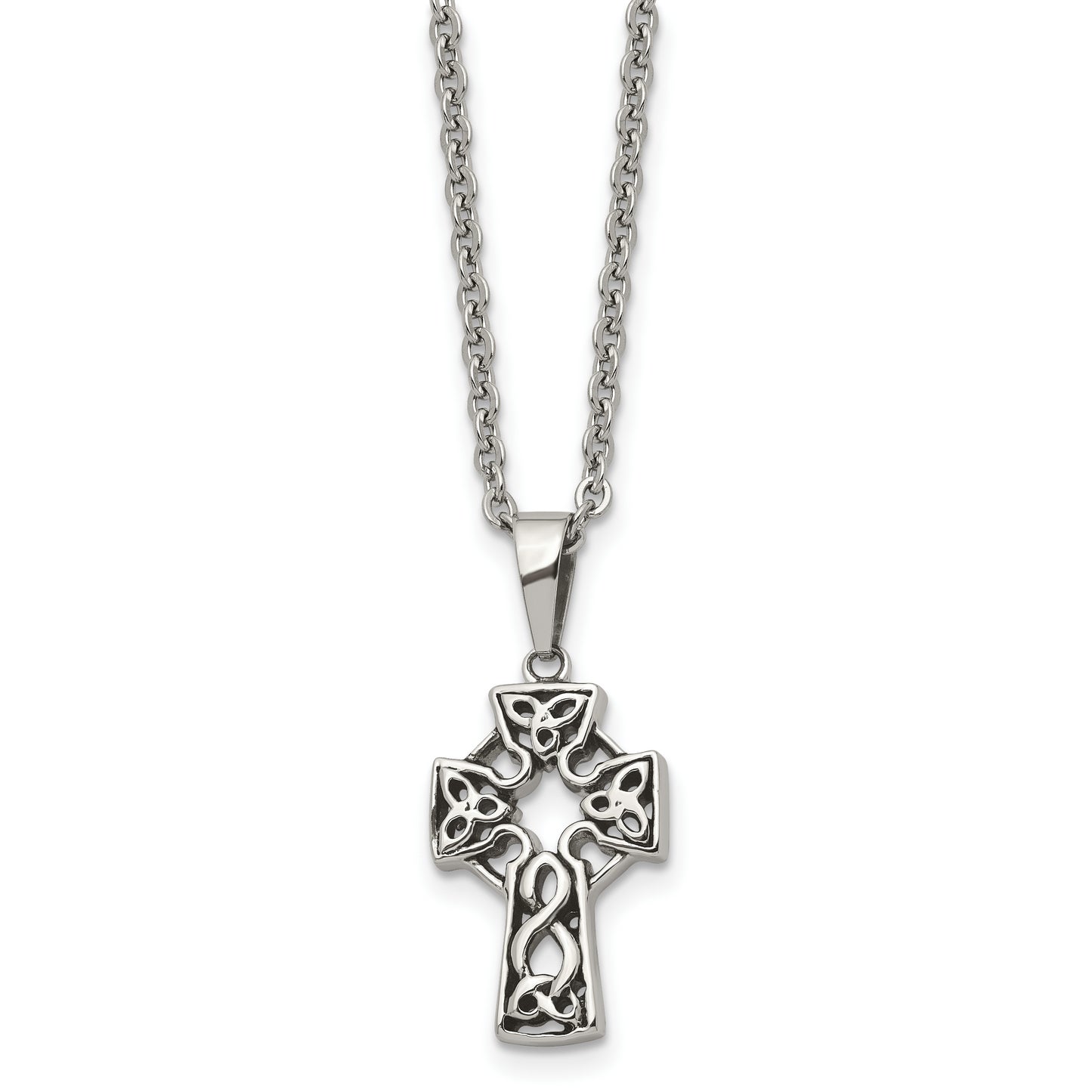 Stainless Steel Chisel Antiqued And Brushed Celtic Cross Pendant On An 18 Inch Cable Chain Necklace