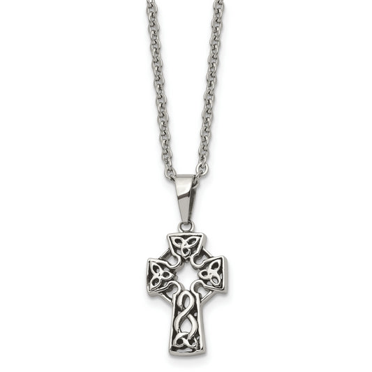 Stainless Steel Chisel Antiqued And Brushed Celtic Cross Pendant On An 18 Inch Cable Chain Necklace