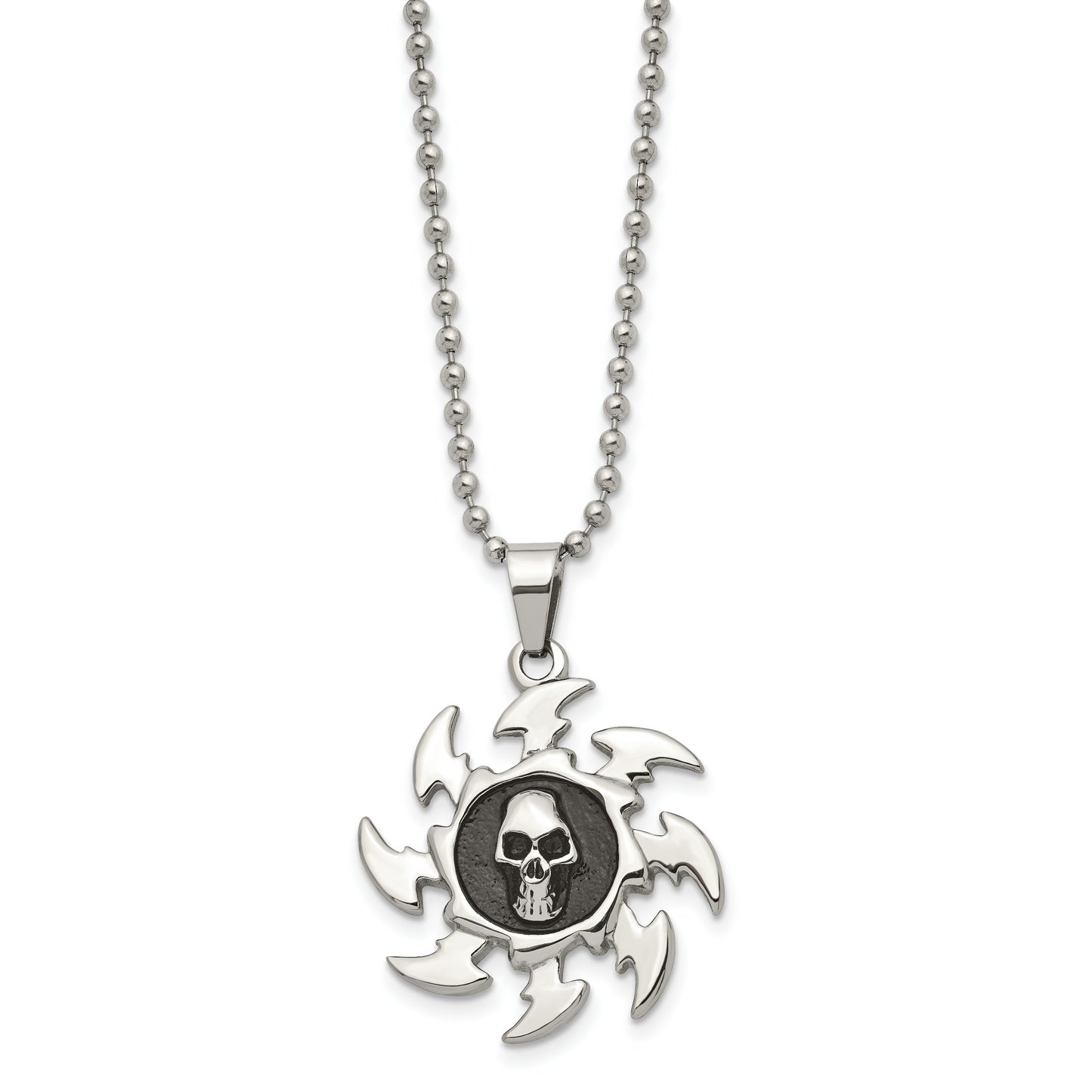 Stainless Steel Chisel Antiqued And Polished Skull On Saw Blade Pendant A 24 Inch Ball Chain Necklace