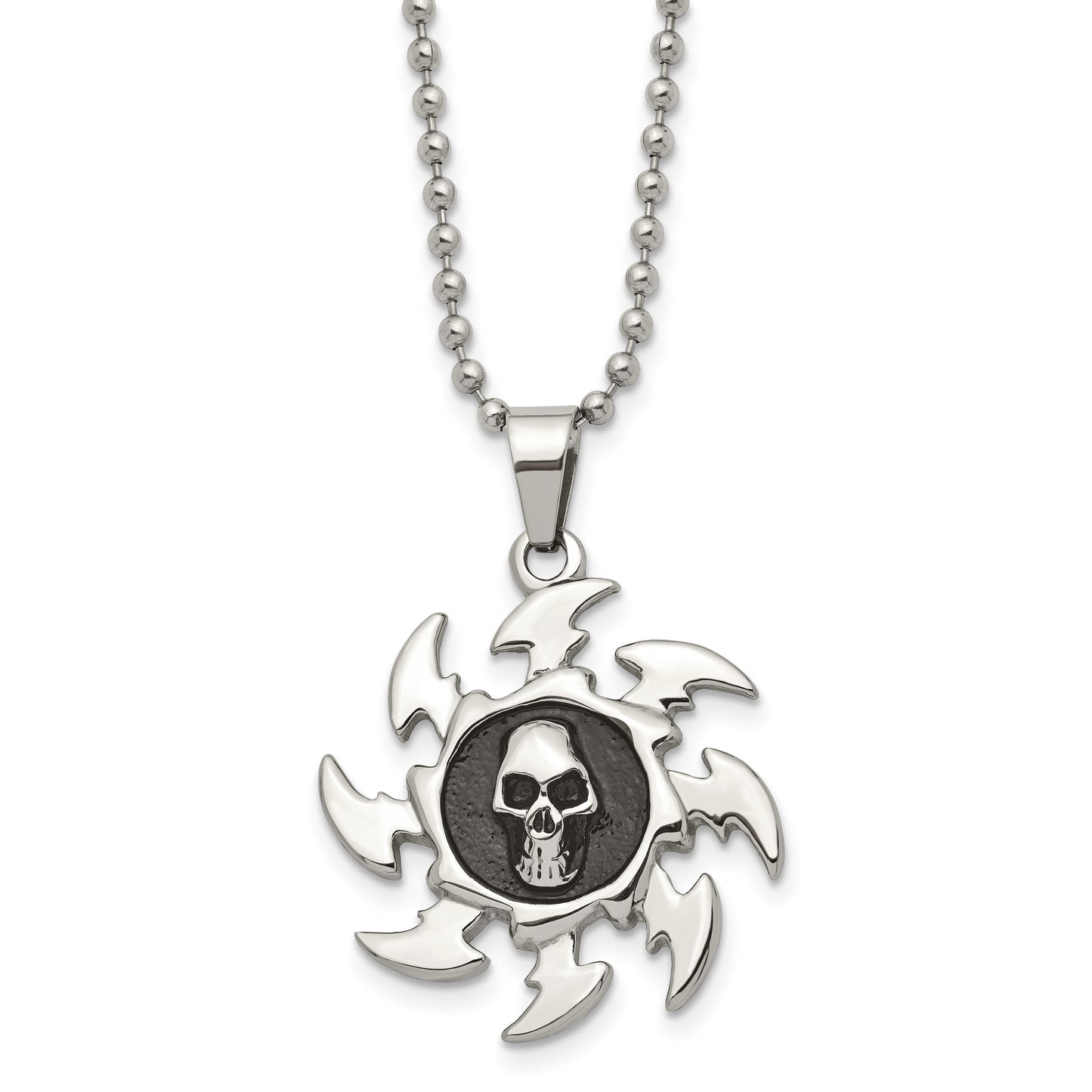 Stainless Steel Chisel Antiqued And Polished Skull On Saw Blade Pendant A 24 Inch Ball Chain Necklace