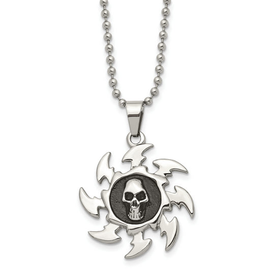 Stainless Steel Chisel Antiqued And Polished Skull On Saw Blade Pendant A 24 Inch Ball Chain Necklace