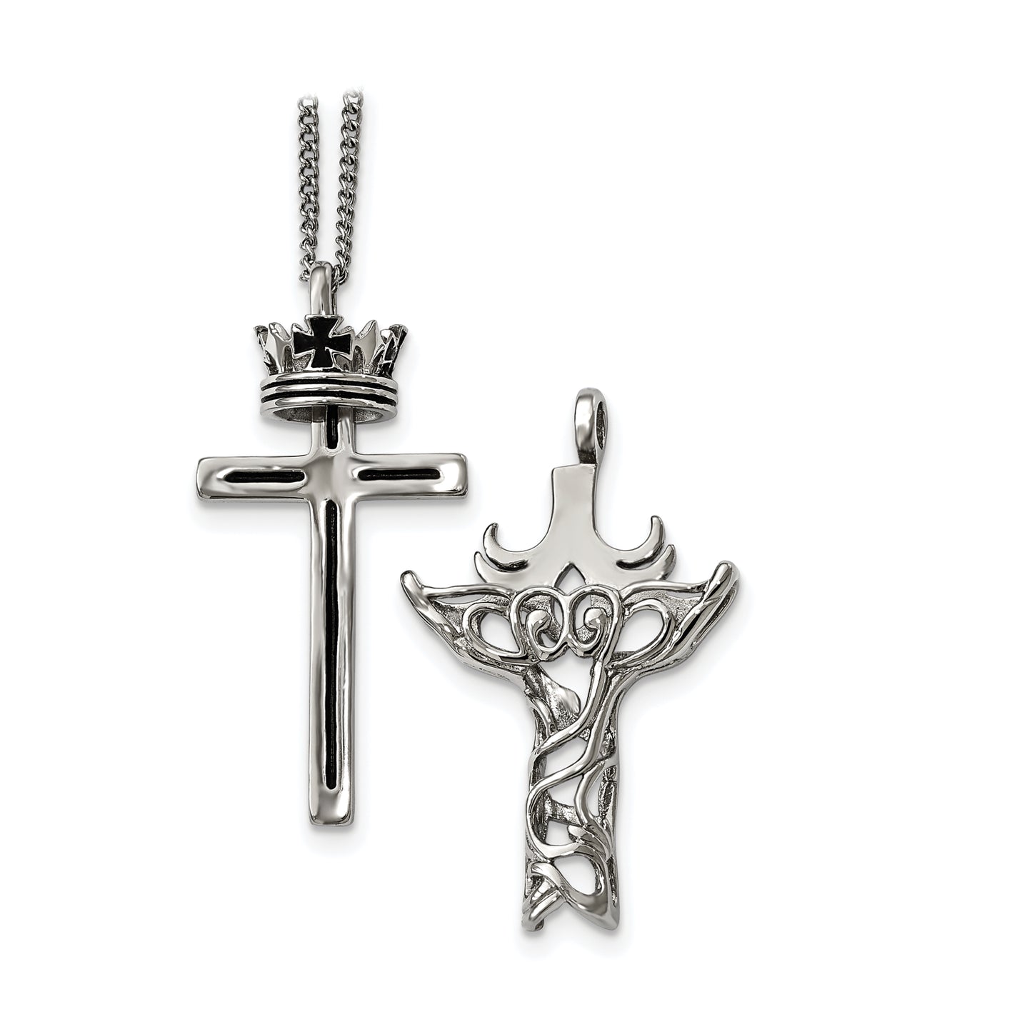 Stainless Steel Chisel Polished And Enameled 2 Piece Cross With Crown Pendant On A 22 Inch Curb Chain Necklace