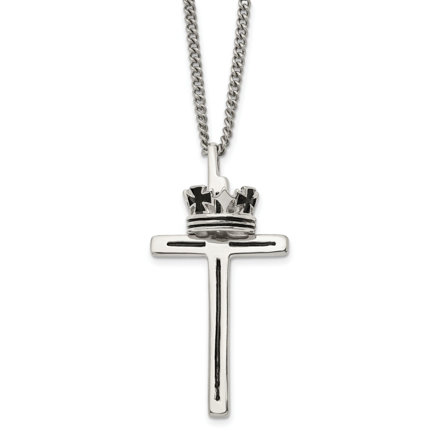 Stainless Steel Chisel Polished And Enameled 2 Piece Cross With Crown Pendant On A 22 Inch Curb Chain Necklace