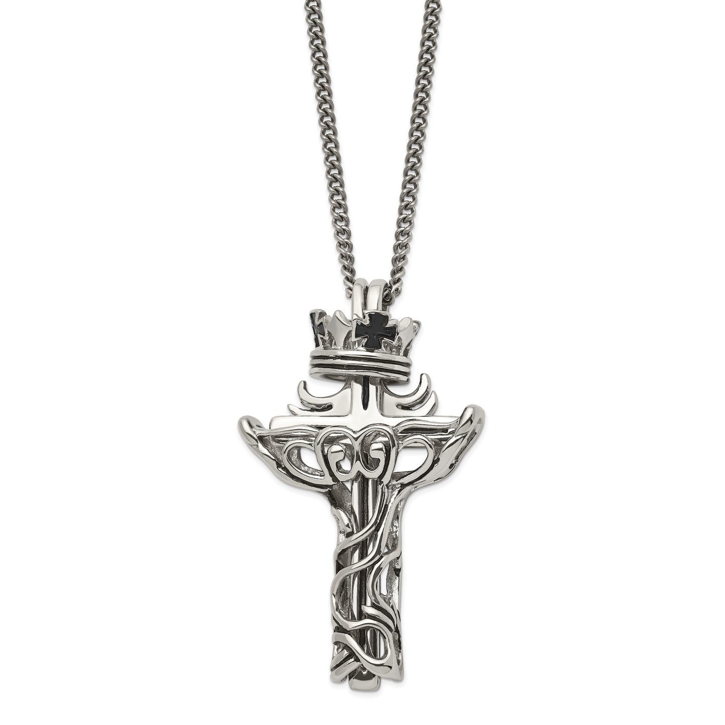 Stainless Steel Chisel Polished And Enameled 2 Piece Cross With Crown Pendant On A 22 Inch Curb Chain Necklace