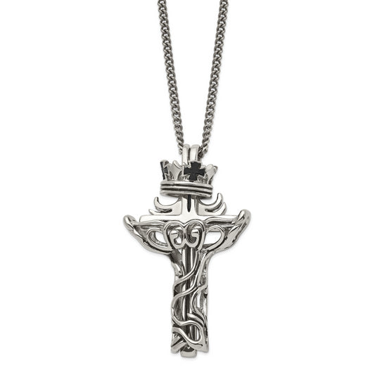 Stainless Steel Chisel Polished And Enameled 2 Piece Cross With Crown Pendant On A 22 Inch Curb Chain Necklace