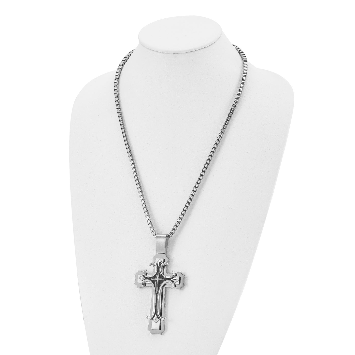 Stainless Steel Chisel Brushed And Polished With Black Enamel Large Cross Pendant On A 24 Inch Box Chain Necklace