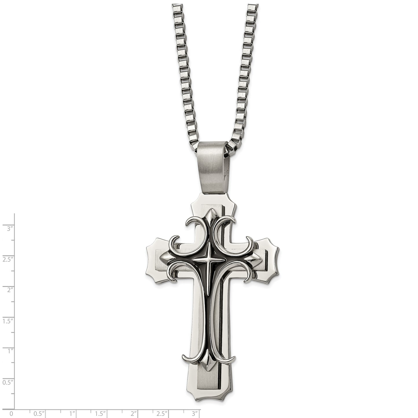 Stainless Steel Chisel Brushed And Polished With Black Enamel Large Cross Pendant On A 24 Inch Box Chain Necklace