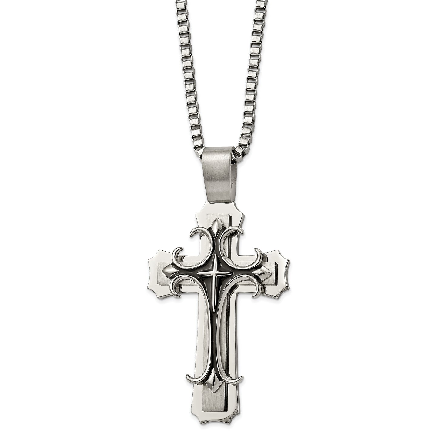 Stainless Steel Chisel Brushed And Polished With Black Enamel Large Cross Pendant On A 24 Inch Box Chain Necklace