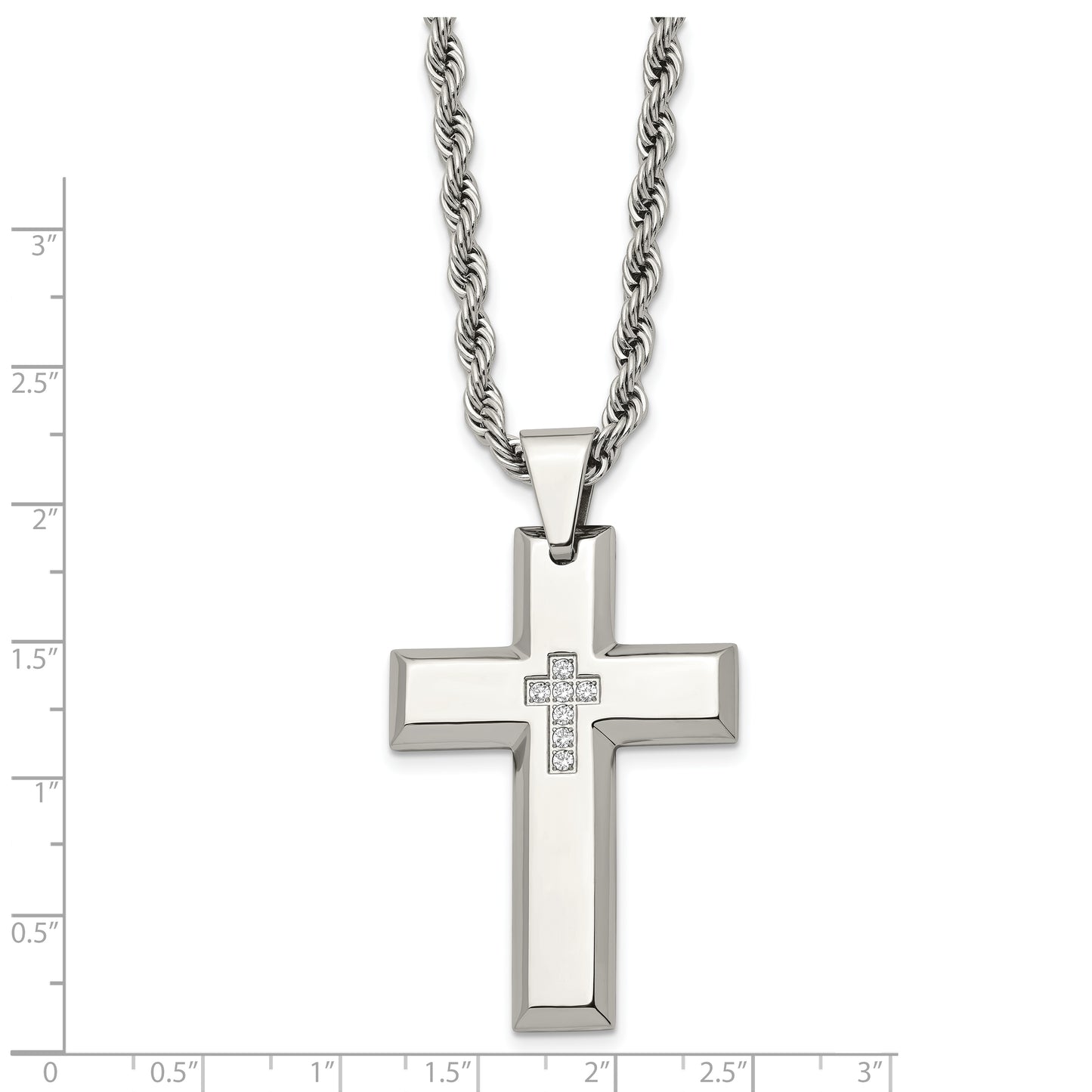 Stainless Steel Chisel Polished With Cz Cross Pendant On A 24 Inch Rope Chain Necklace