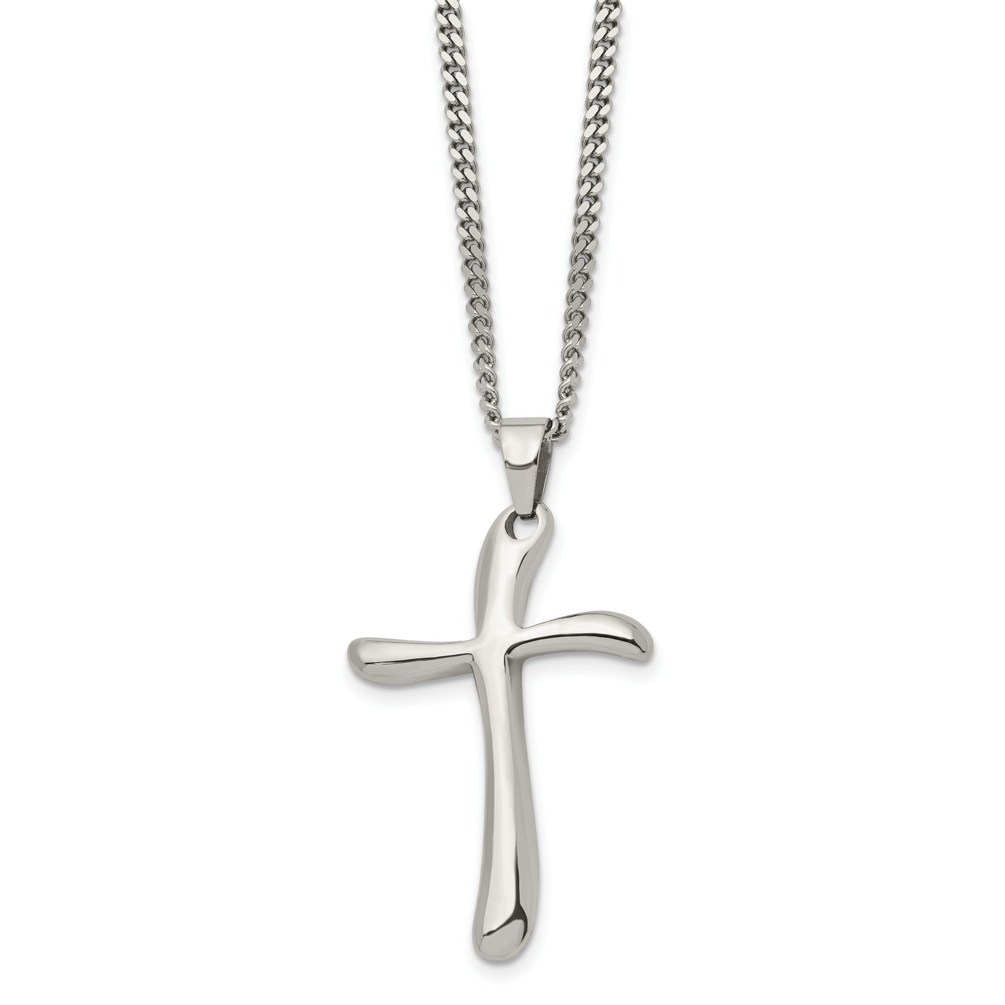 Stainless Steel Chisel Polished Wavy Cross Pendant On A 22 Inch Curb Chain Necklace