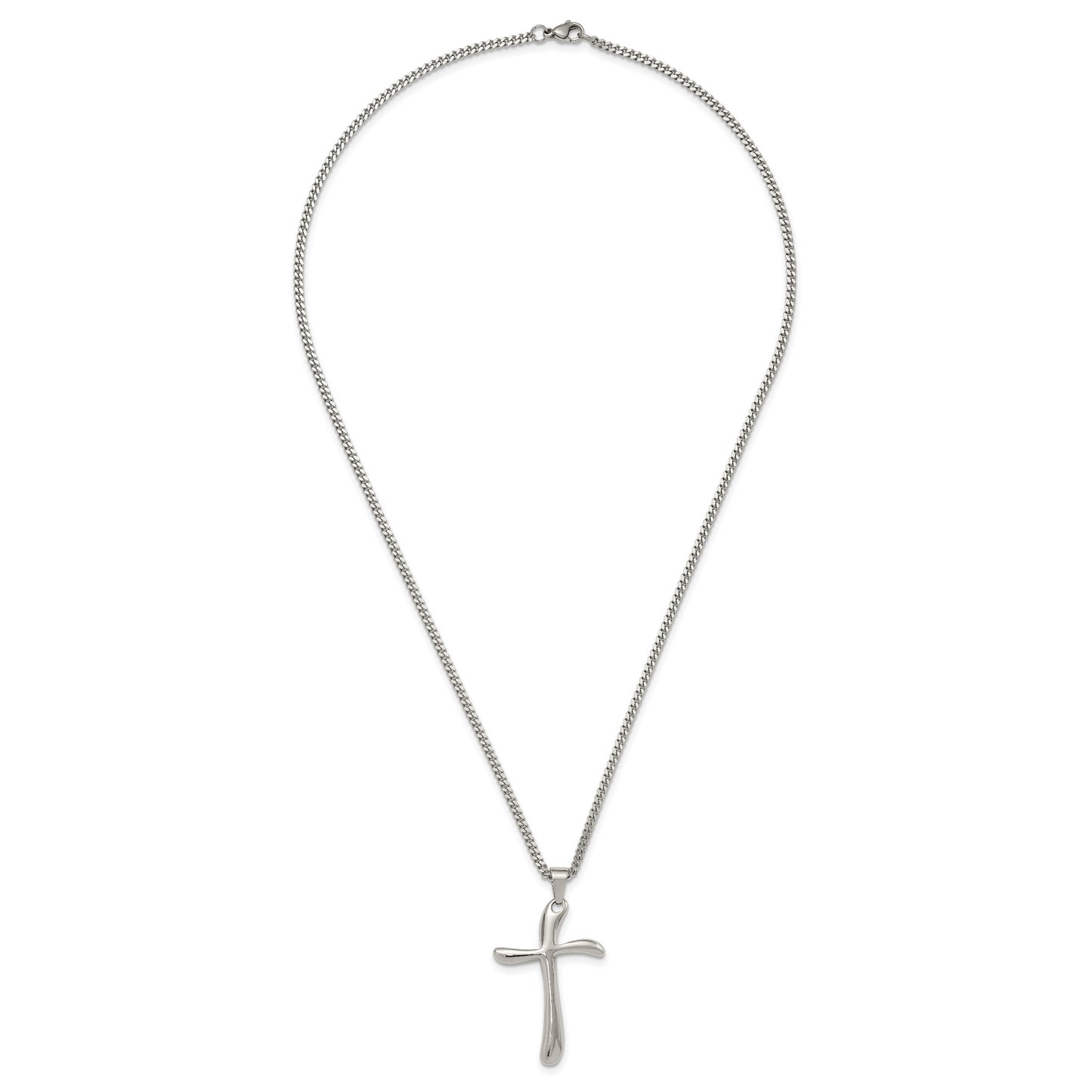 Stainless Steel Chisel Polished Wavy Cross Pendant On A 22 Inch Curb Chain Necklace