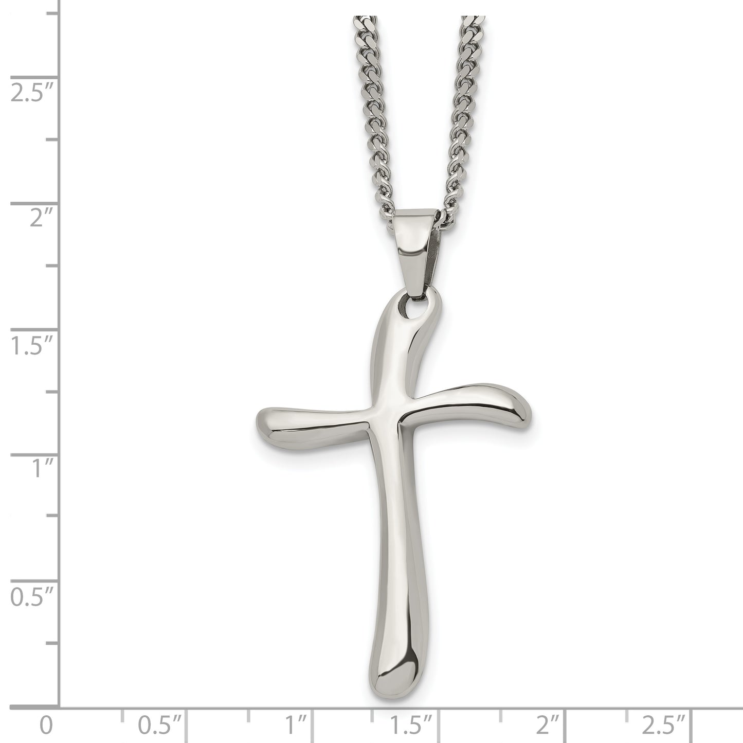 Stainless Steel Chisel Polished Wavy Cross Pendant On A 22 Inch Curb Chain Necklace