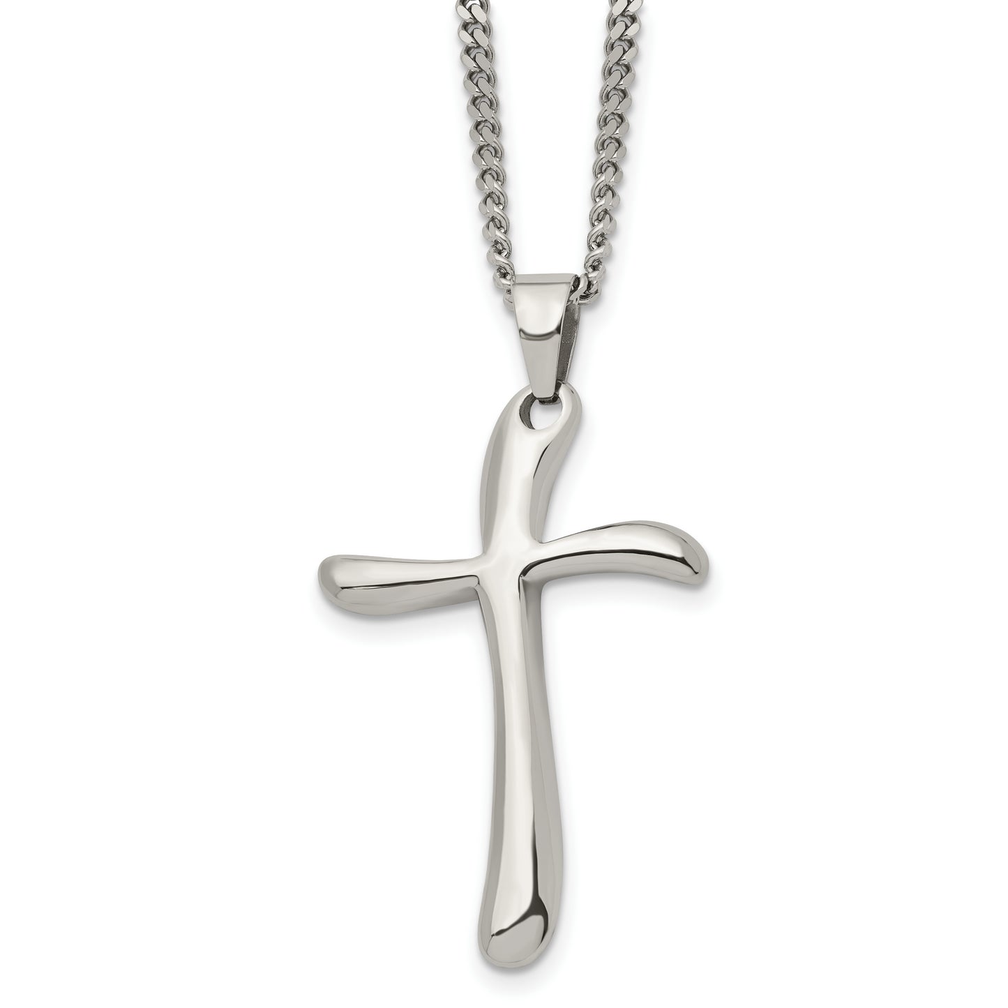 Stainless Steel Chisel Polished Wavy Cross Pendant On A 22 Inch Curb Chain Necklace