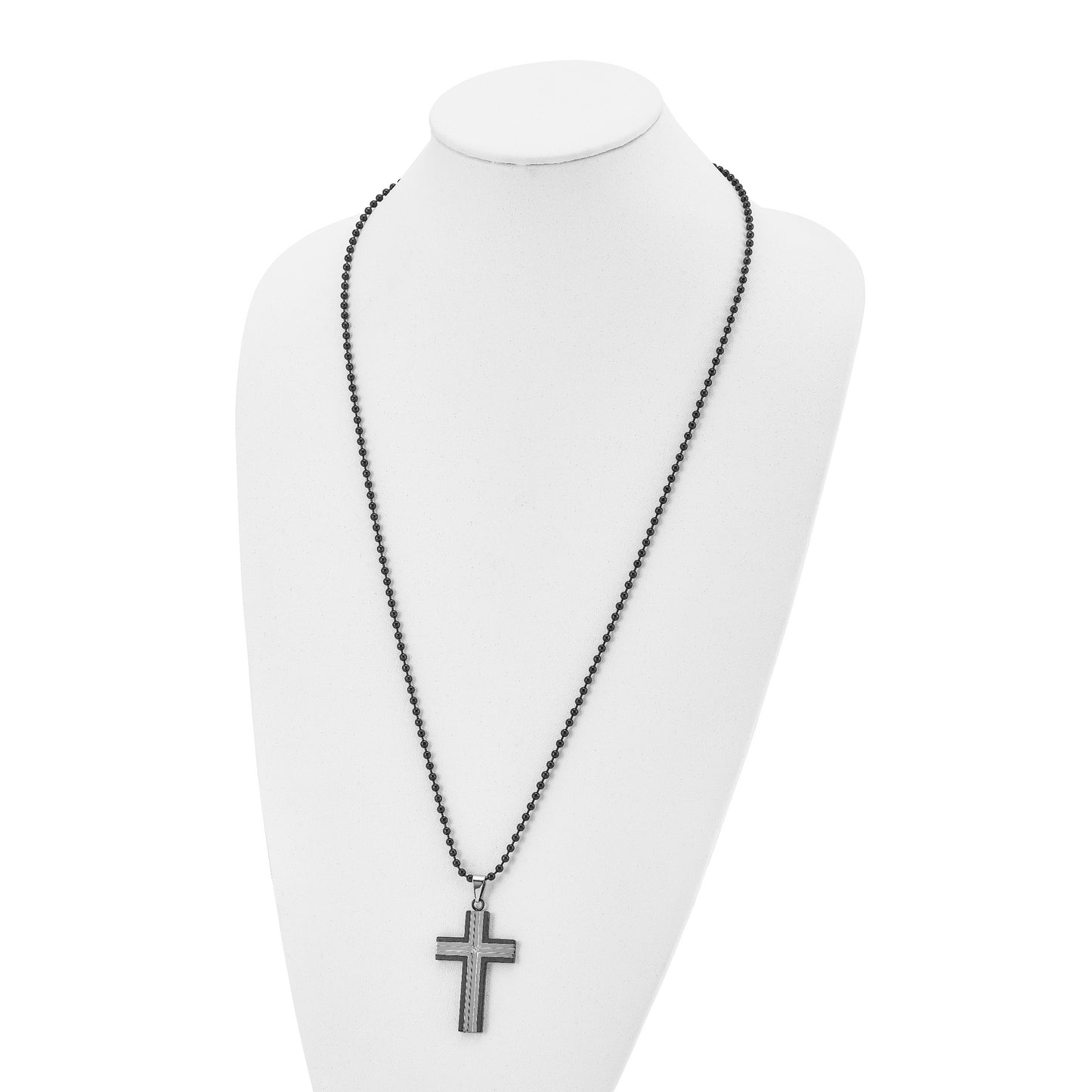 Stainless Steel Chisel Polished Black Ip-Plated Edges With Cz Cross Pendant On A 30 Inch Ball Chain Necklace