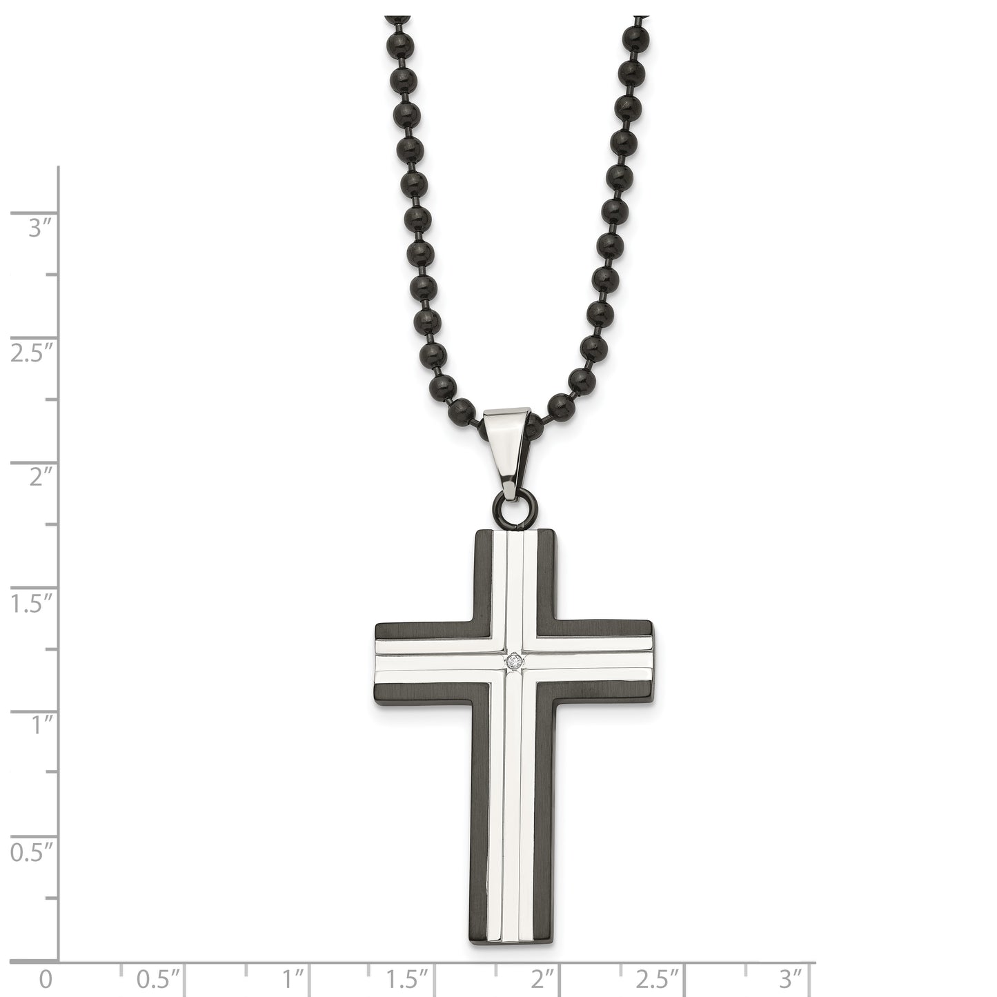 Stainless Steel Chisel Polished Black Ip-Plated Edges With Cz Cross Pendant On A 30 Inch Ball Chain Necklace