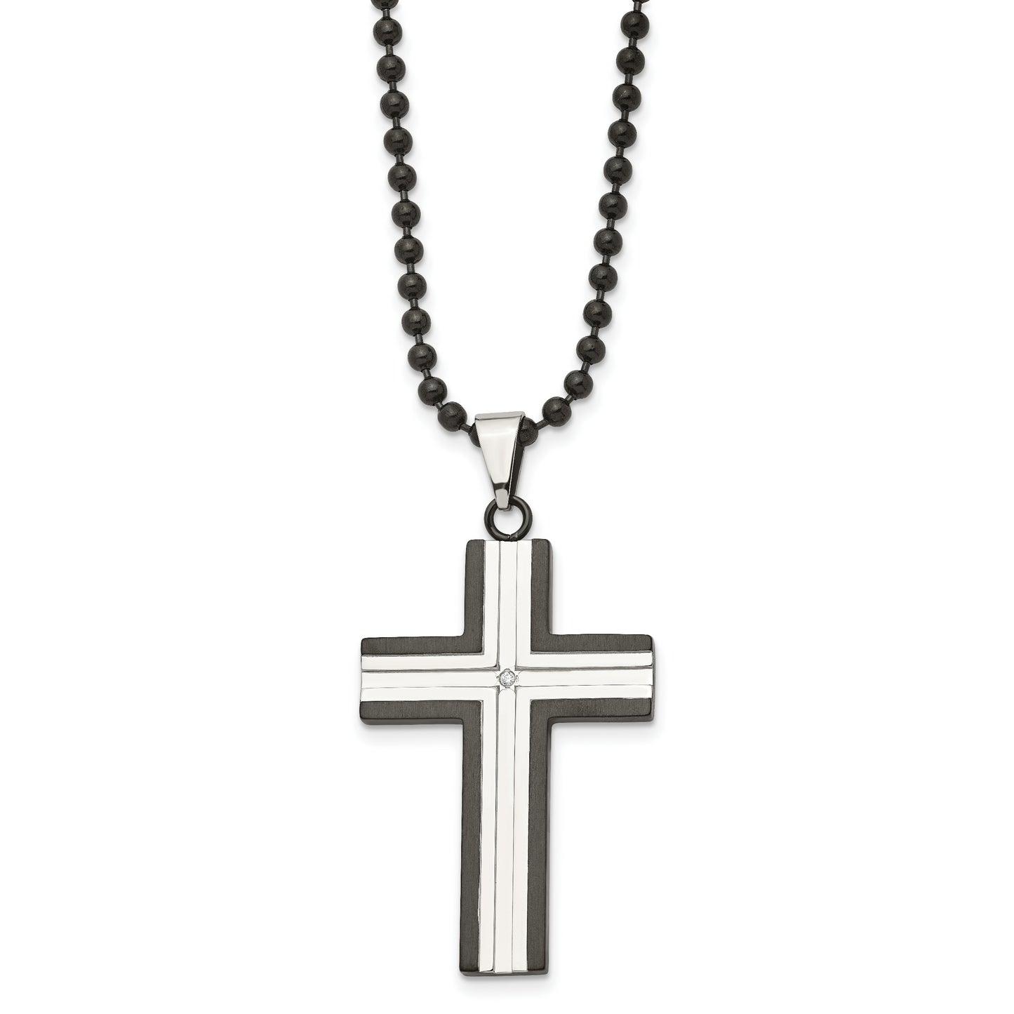 Stainless Steel Chisel Polished Black Ip-Plated Edges With Cz Cross Pendant On A 30 Inch Ball Chain Necklace