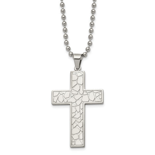 Stainless Steel Chisel Polished And Textured Cross Pendant On A 24 Inch Ball Chain Necklace