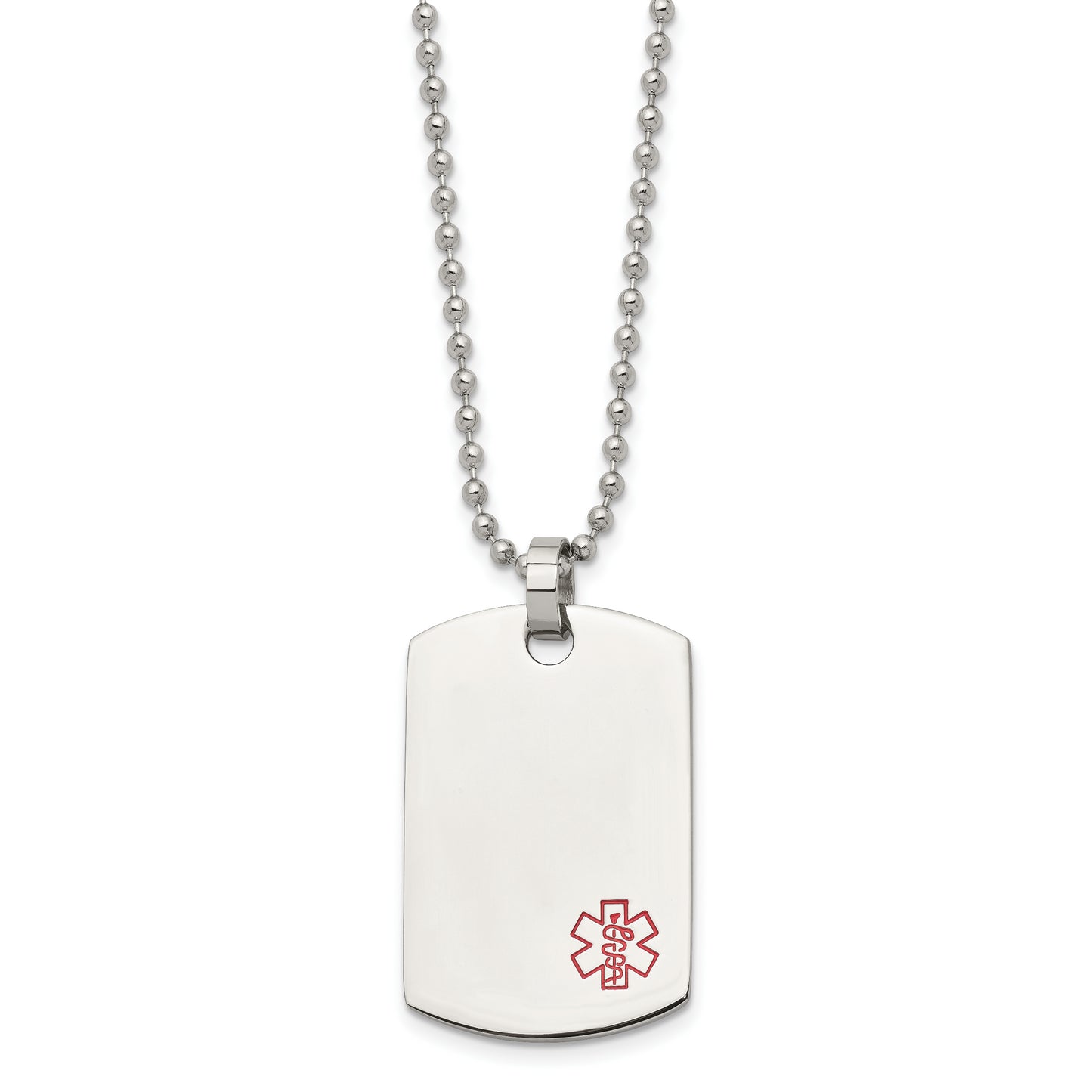 Stainless Steel Chisel Polished With Red Enamel Medical Id Dog Tag On A 24 Inch Ball Chain Necklace