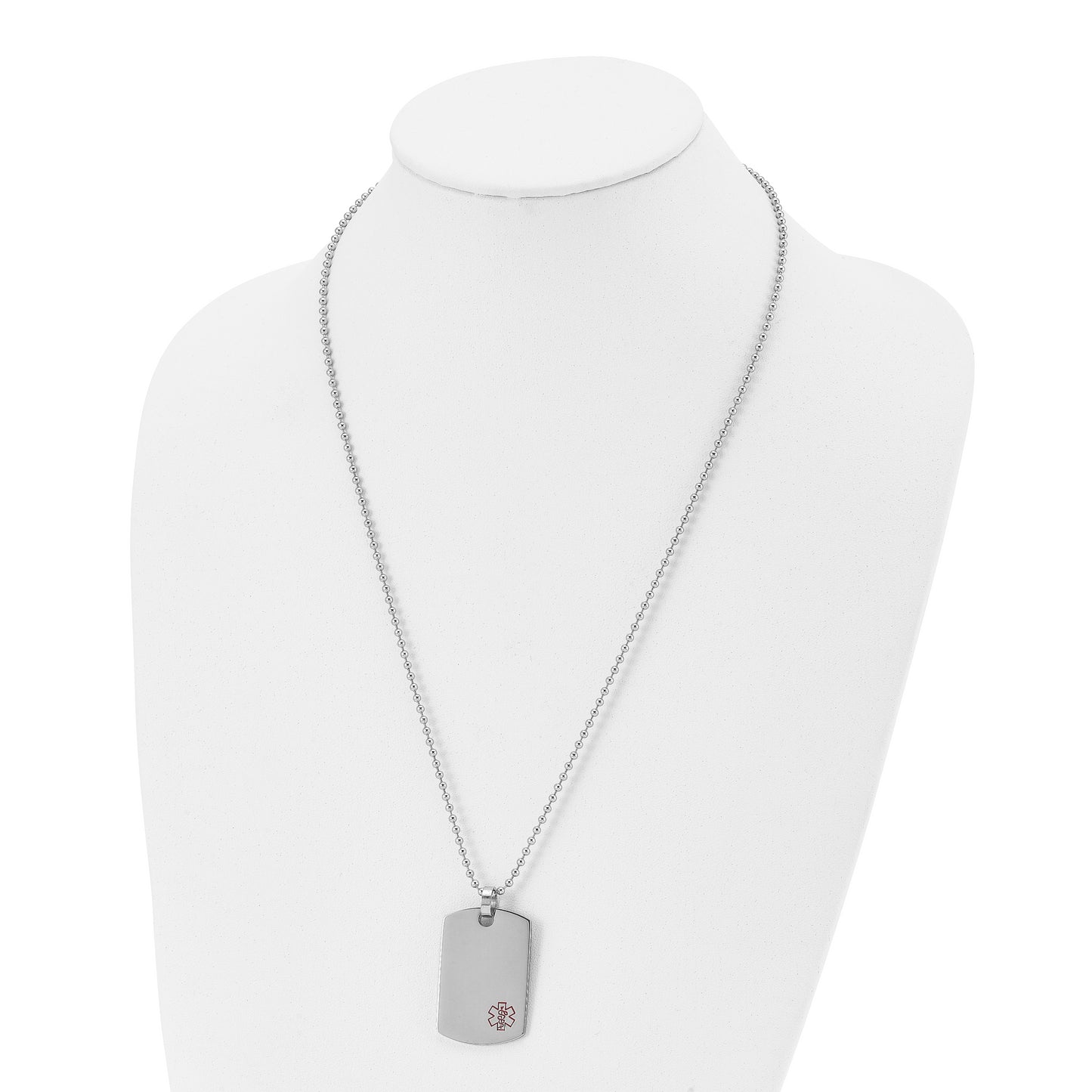 Stainless Steel Chisel Polished With Red Enamel Medical Id Dog Tag On A 24 Inch Ball Chain Necklace