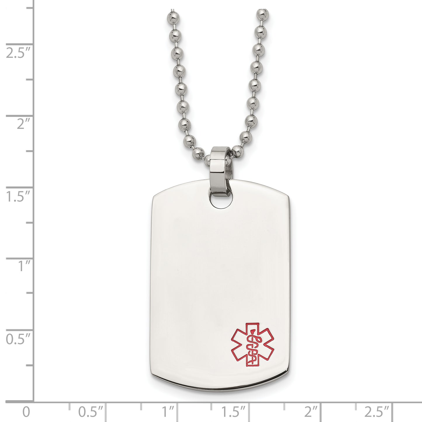 Stainless Steel Chisel Polished With Red Enamel Medical Id Dog Tag On A 24 Inch Ball Chain Necklace