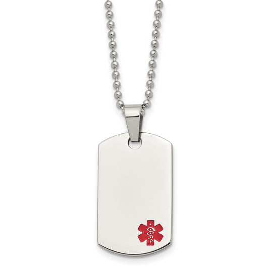 Stainless Steel Chisel Polished With Red Enamel Medical Id Dog Tag On A 24 Inch Ball Chain Necklace