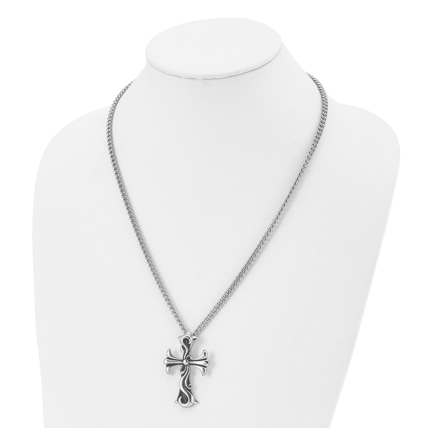 Stainless Steel Chisel Antiqued Polished And Textured Scroll Cross Pendant On A 22 Inch Curb Chain Necklace