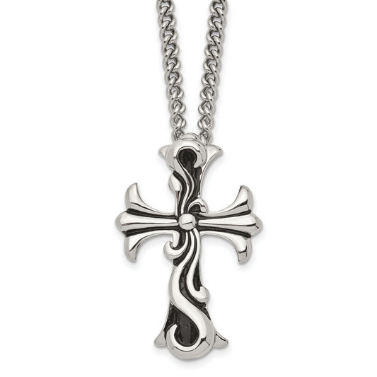 Stainless Steel Chisel Antiqued Polished And Textured Scroll Cross Pendant On A 22 Inch Curb Chain Necklace