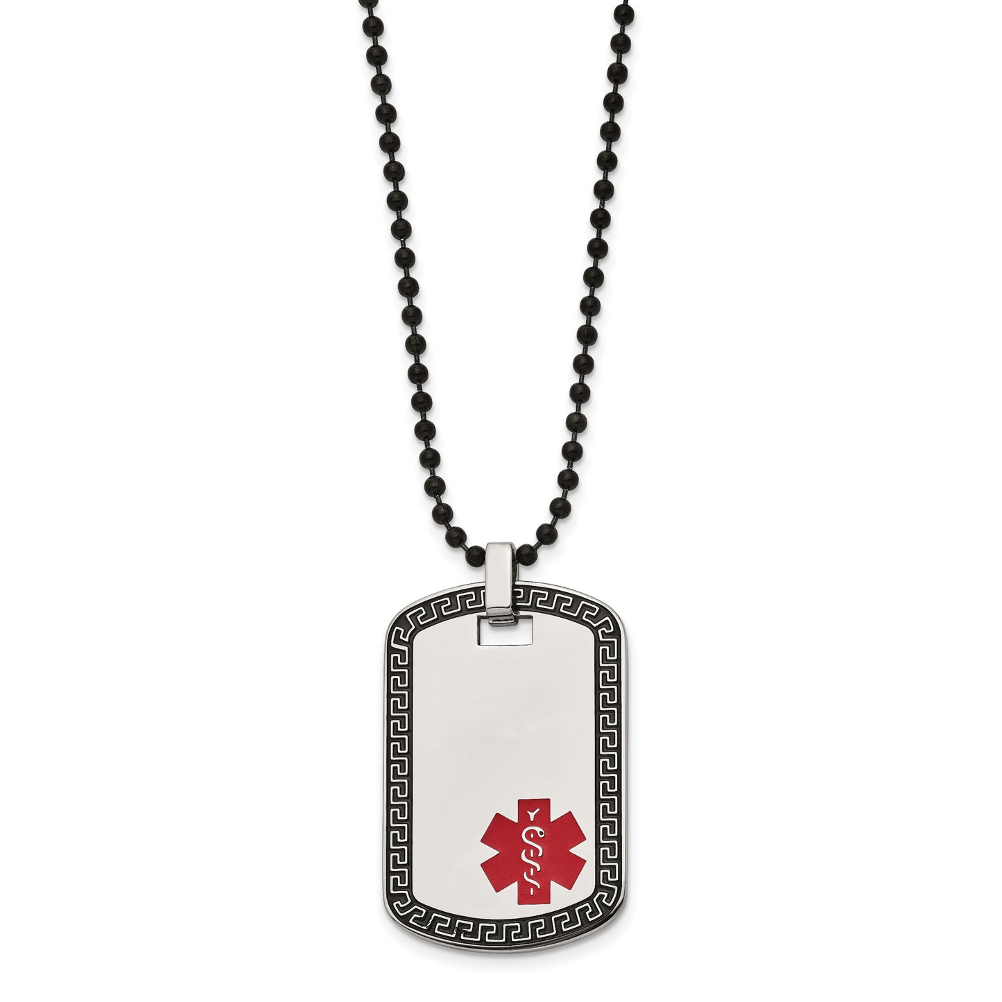 Stainless Steel Chisel Antiqued And Polished Greek Key Edge With Red Enamel Medical Id Dog Tag On A 30 Inch Black Ip-Plated Ball Chain Necklace