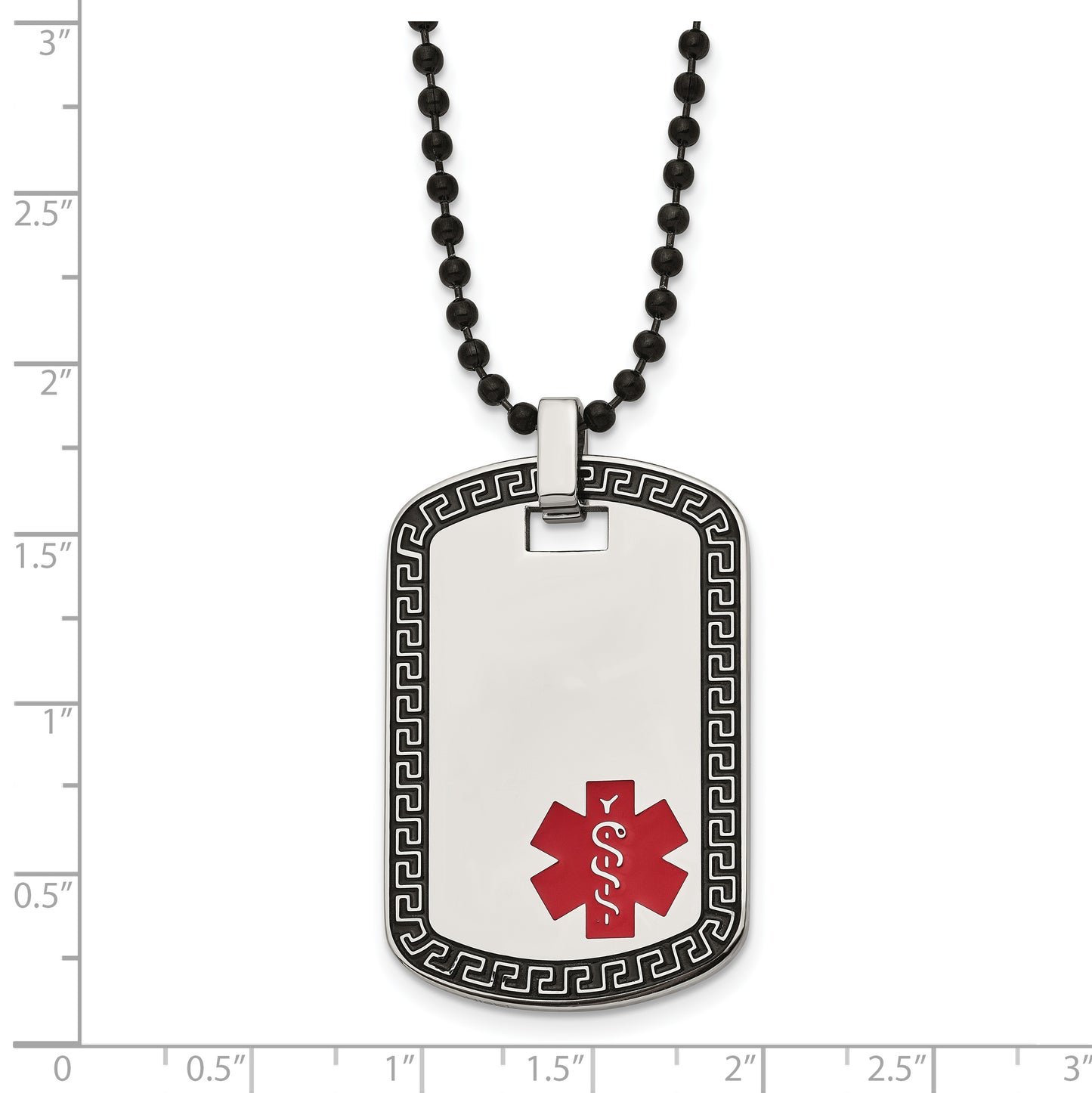 Stainless Steel Chisel Antiqued And Polished Greek Key Edge With Red Enamel Medical Id Dog Tag On A 30 Inch Black Ip-Plated Ball Chain Necklace