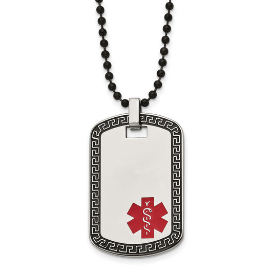 Stainless Steel Chisel Antiqued And Polished Greek Key Edge With Red Enamel Medical Id Dog Tag On A 30 Inch Black Ip-Plated Ball Chain Necklace