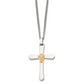 Stainless Steel Chisel Polished With 14K Gold Accent 1/15 Carat Diamond Cross Pendant On A 22 Inch Curb Chain Necklace