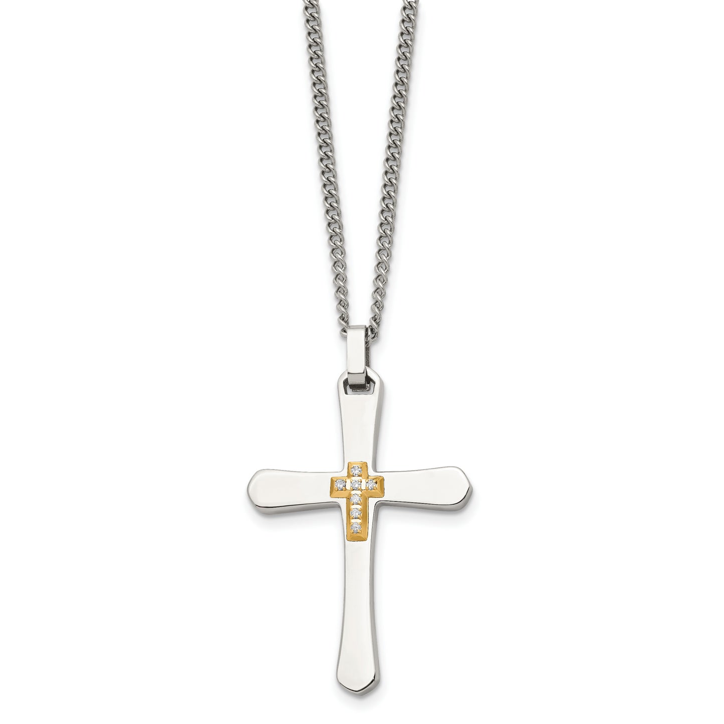 Stainless Steel Chisel Polished With 14K Gold Accent 1/15 Carat Diamond Cross Pendant On A 22 Inch Curb Chain Necklace