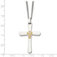 Stainless Steel Chisel Polished With 14K Gold Accent 1/15 Carat Diamond Cross Pendant On A 22 Inch Curb Chain Necklace