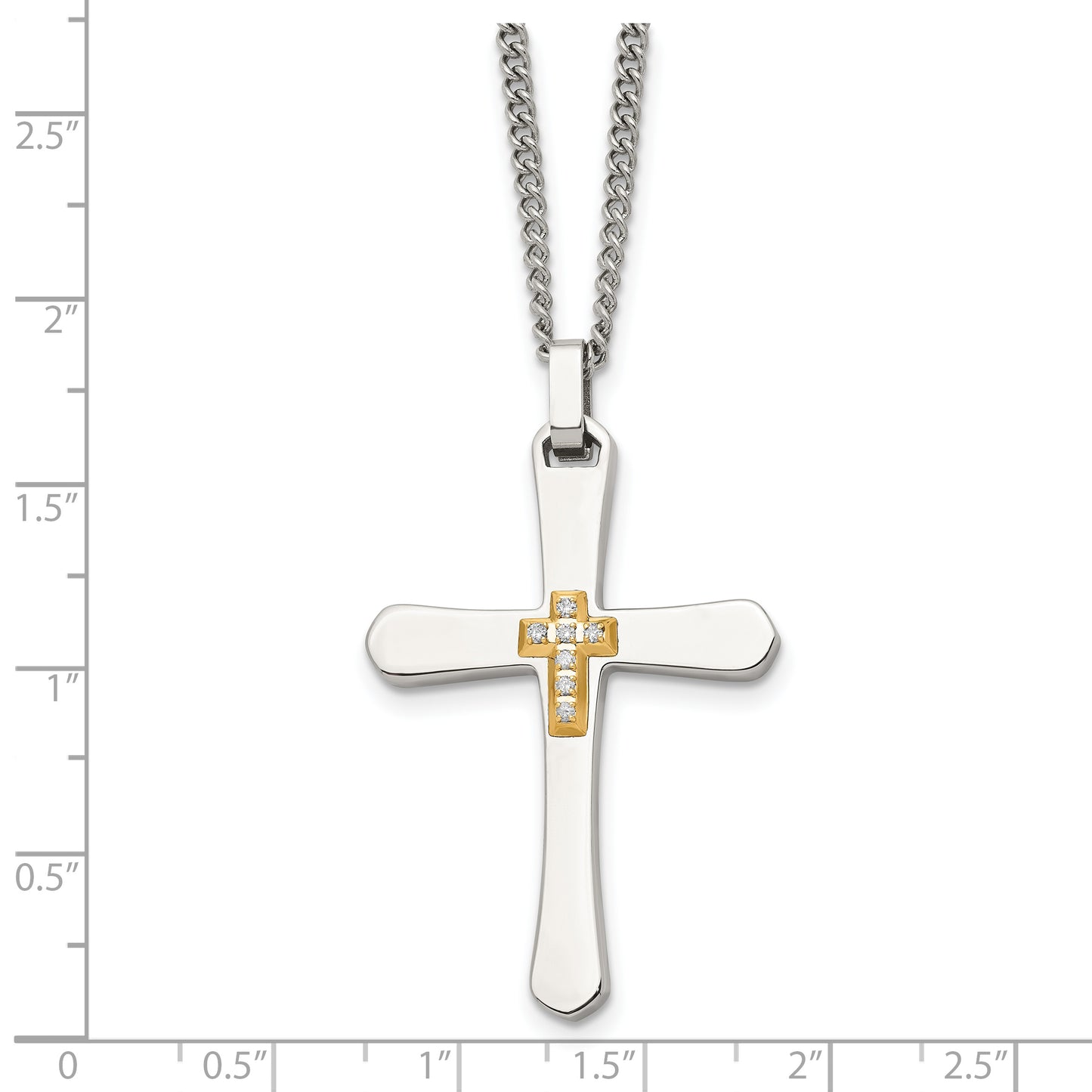 Stainless Steel Chisel Polished With 14K Gold Accent 1/15 Carat Diamond Cross Pendant On A 22 Inch Curb Chain Necklace