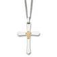 Stainless Steel Chisel Polished With 14K Gold Accent 1/15 Carat Diamond Cross Pendant On A 22 Inch Curb Chain Necklace