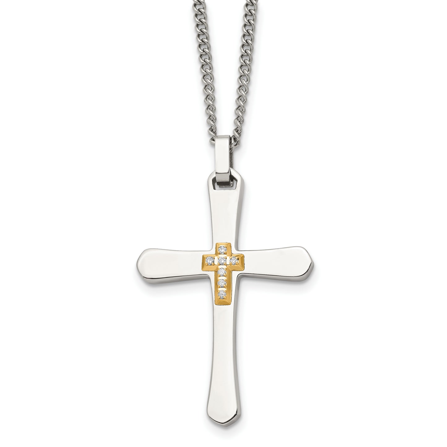 Stainless Steel Chisel Polished With 14K Gold Accent 1/15 Carat Diamond Cross Pendant On A 22 Inch Curb Chain Necklace