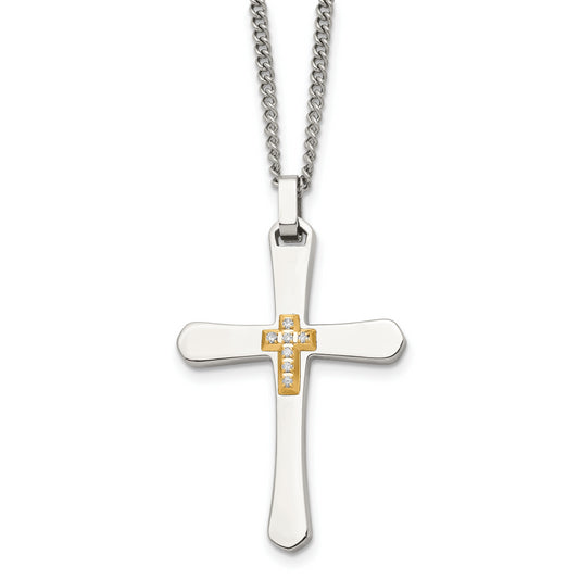 Stainless Steel Chisel Polished With 14K Gold Accent 1/15 Carat Diamond Cross Pendant On A 22 Inch Curb Chain Necklace