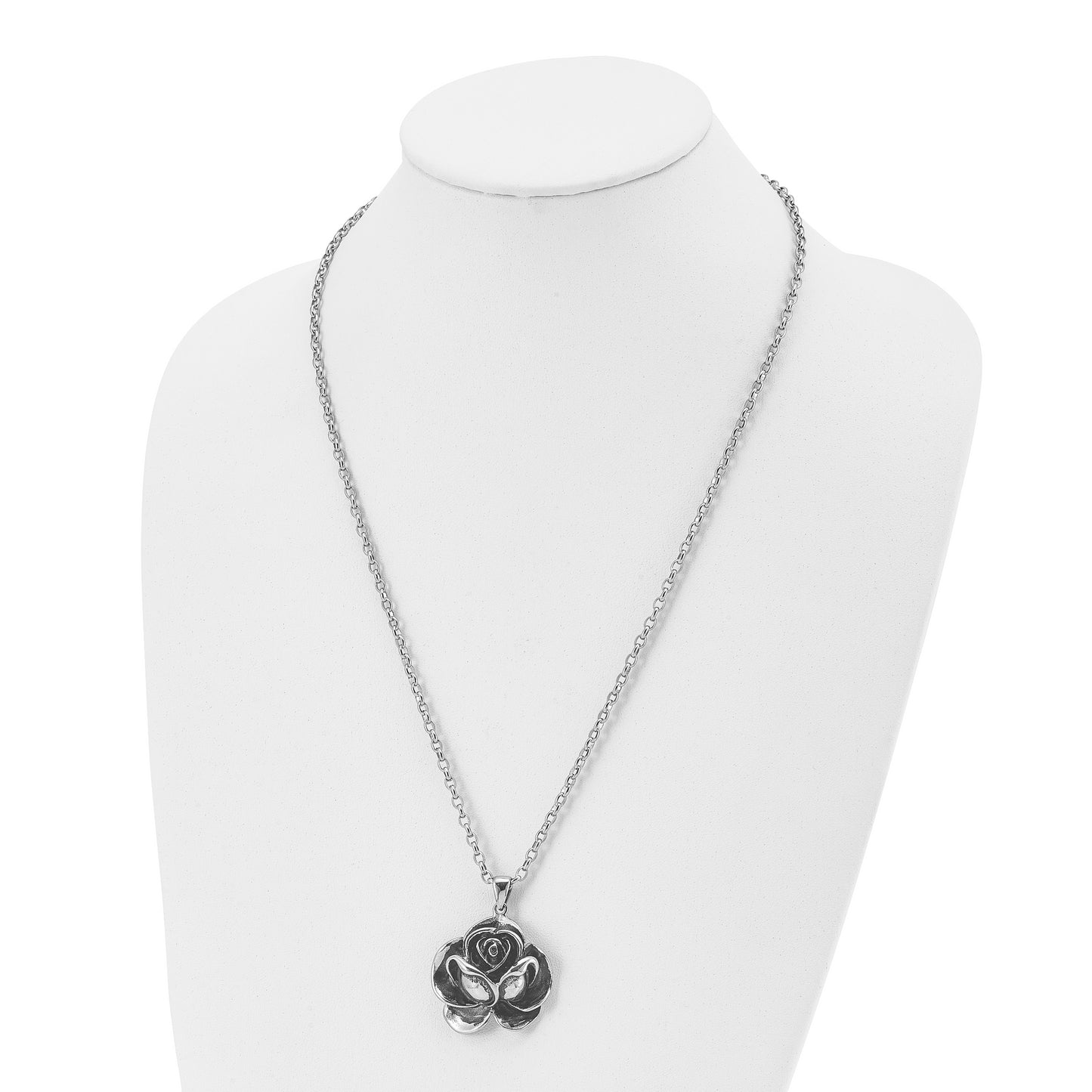 Stainless Steel Chisel Antiqued And Polished Flower Pendant On A 24 Inch Cable Chain Necklace