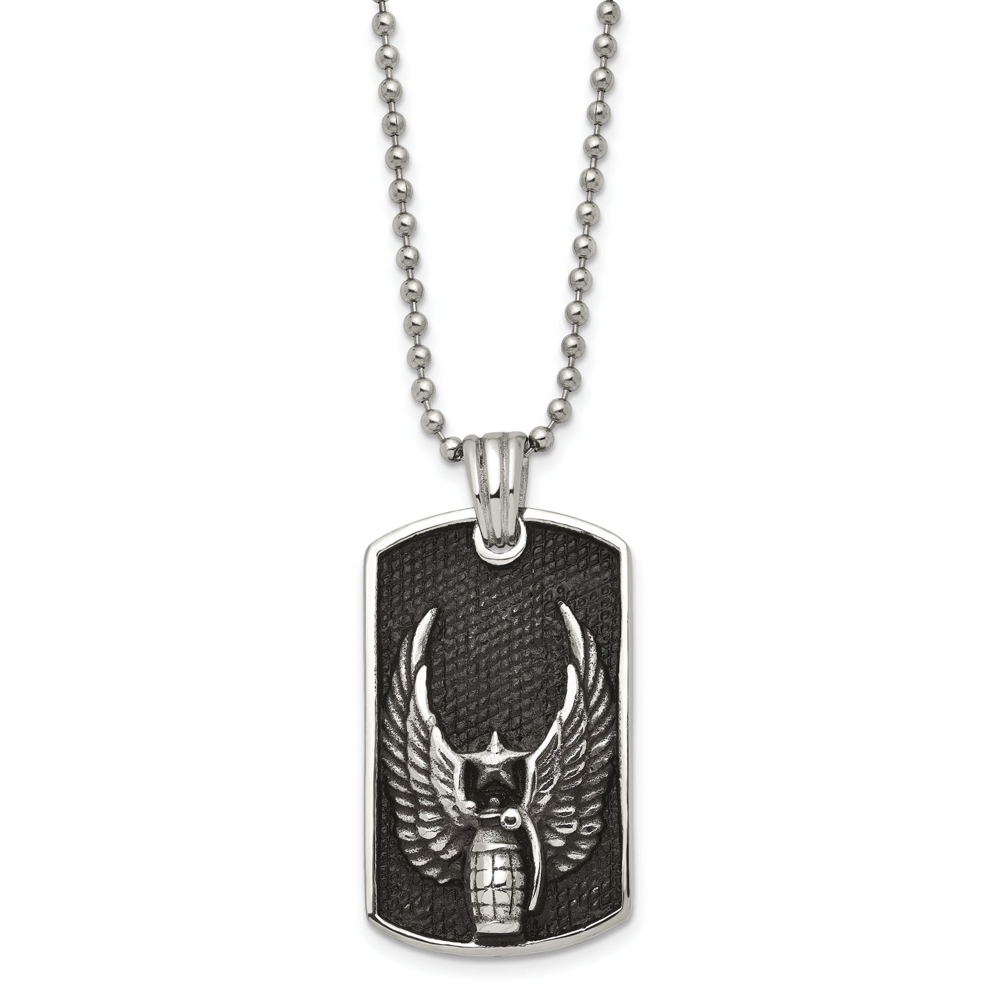 Stainless Steel Chisel Antiqued And Polished Black Ip-Plated Grenade With Wings Dog Tag On A 22 Inch Ball Chain Necklace