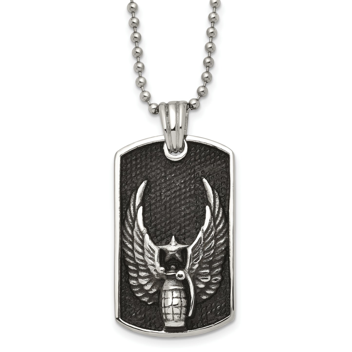 Stainless Steel Chisel Antiqued And Polished Black Ip-Plated Grenade With Wings Dog Tag On A 22 Inch Ball Chain Necklace