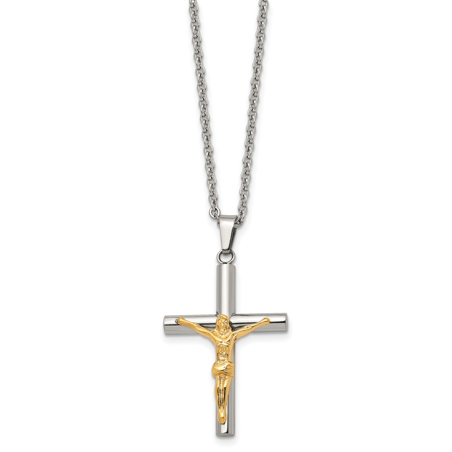 Stainless Steel Chisel Polished Yellow Ip-Plated Crucifix Pendant On A 20 Inch Cable Chain Necklace